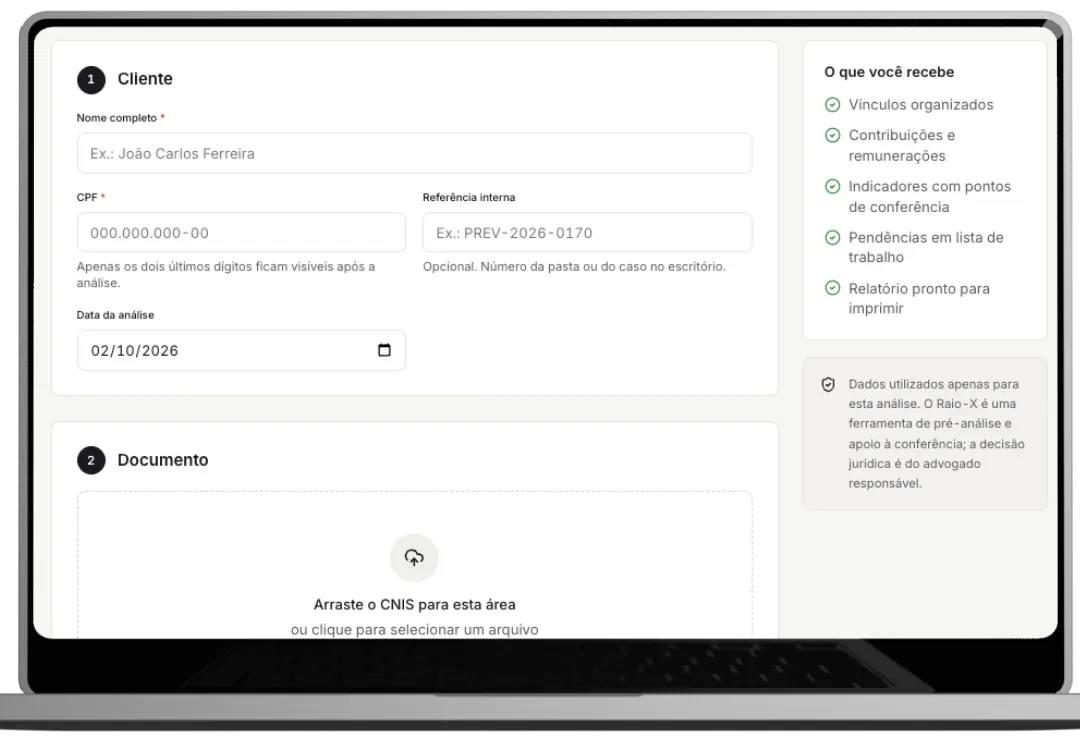 Tela para iniciar um novo Raio-X: cliente, CPF, referência e envio do CNIS