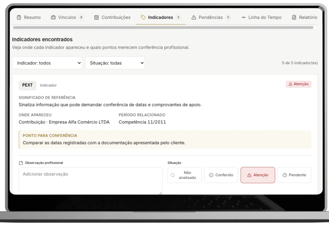 Tela de indicadores encontrados com pontos para conferência