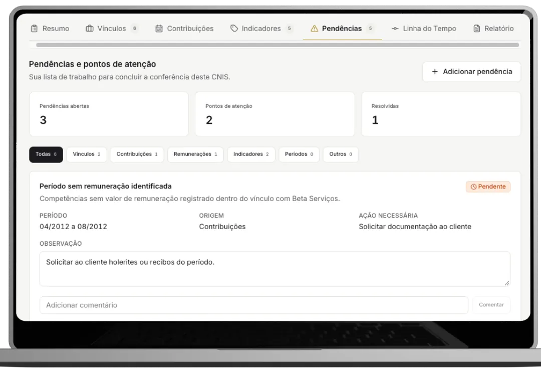 Tela de pendências e pontos de atenção em lista de trabalho